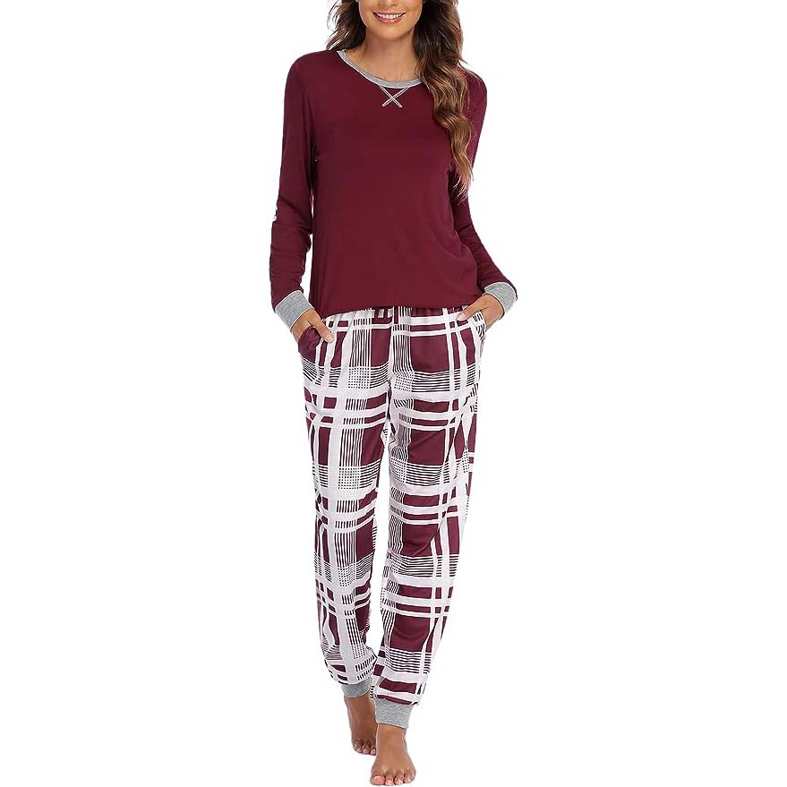 Ekouaer Women Pajamas Sets Long Sleeve with Plaid Pants Soft Sleepwear O Neck 2 Piece Pjs Joggers Loung Set with Pockets