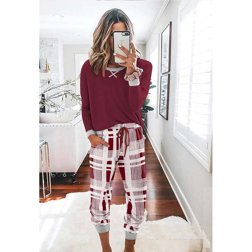 Ekouaer Women Pajamas Sets Long Sleeve with Plaid Pants Soft Sleepwear O Neck 2 Piece Pjs Joggers Loung Set with Pockets