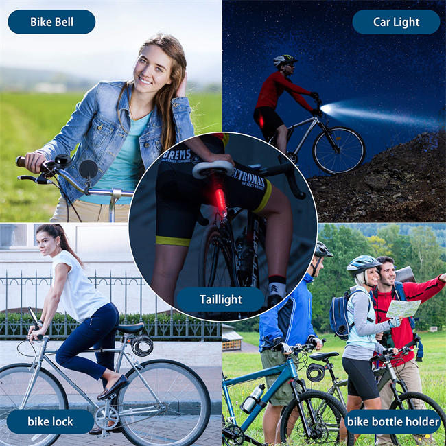 Bicycle Accessories, USB Rechargeable Bicycle lamp Set, Bicycle lamp, Bicycle Lock, Bicycle Water Cup seat, Bicycle Mobile Phone seat, Bicycle Mirror, Bicycle Bell
