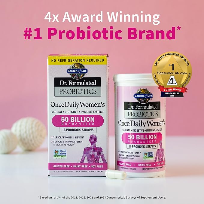 Dr. Formulated Probiotics for Women & Prebiotics, 50 Billion CFU for Women’s Daily Digestive Vaginal & Immune Health, Garden of Life 16 Probiotic Strains Shelf Stable No Gluten Dairy Soy, 30 Capsules
