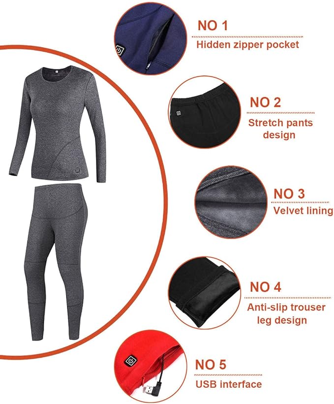 Windpost Women s Heated Thermal Underwear set, USB Women s Electric Thermal Long Underwear set, Snow Leggings for Women