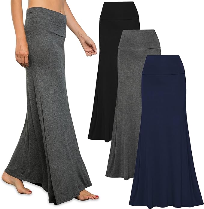 Free to Live 3 Pack Long Skirts for Women Fall Winter Flowy Maxi Skirt High Waist Fold Over Floor Ankle Length Jersey Knit