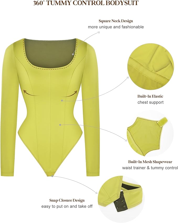 Popilush Shapewear Bodysuit Tummy Control Square Neck Thong Body Suits for Womens Long Sleeve Sculpting Full Body Shaper