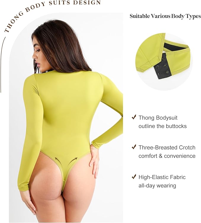 Popilush Shapewear Bodysuit Tummy Control Square Neck Thong Body Suits for Womens Long Sleeve Sculpting Full Body Shaper