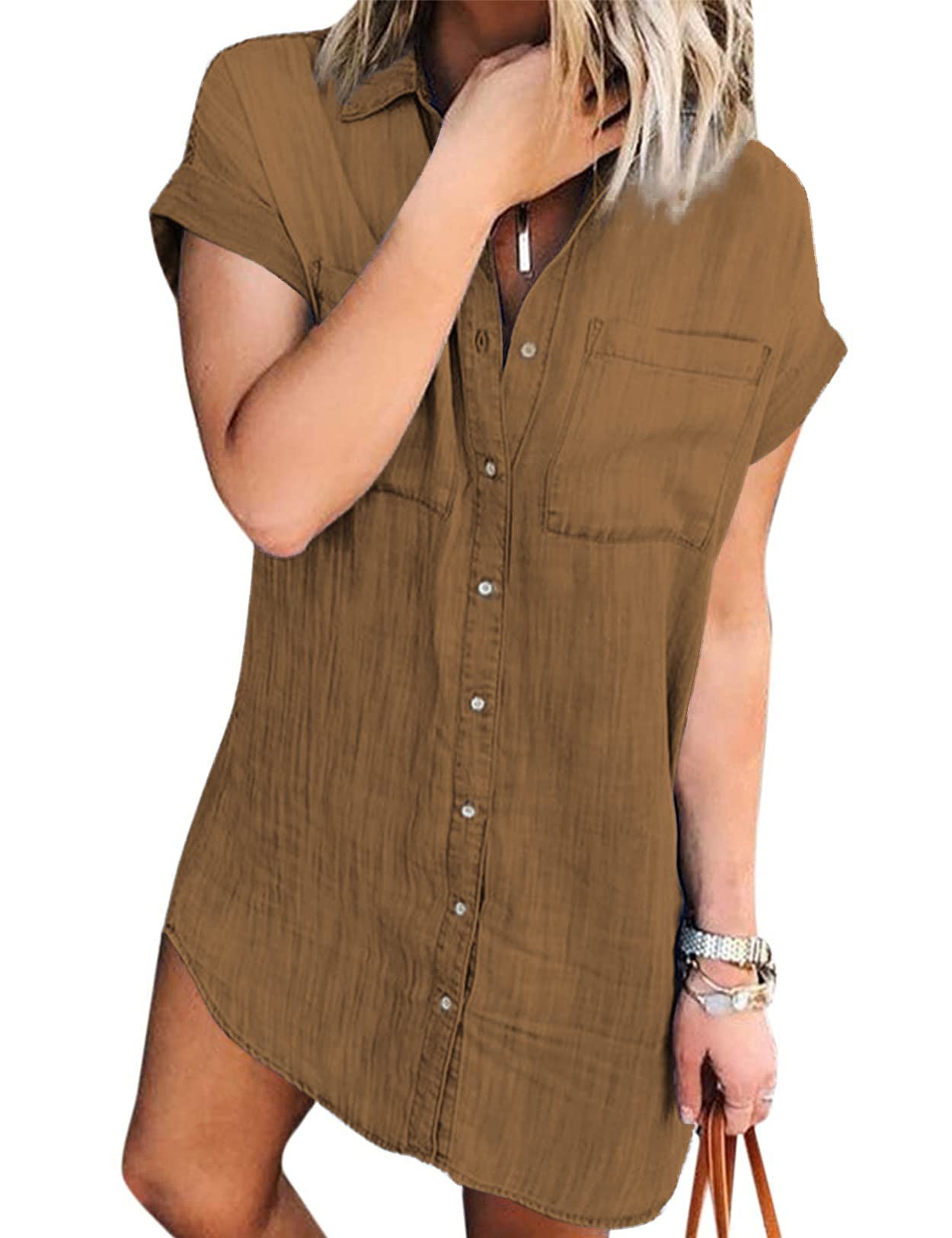 Women Denim Shirt Dresses Short Sleeve Distressed Jean Dress Button Down Casual Tunic Top