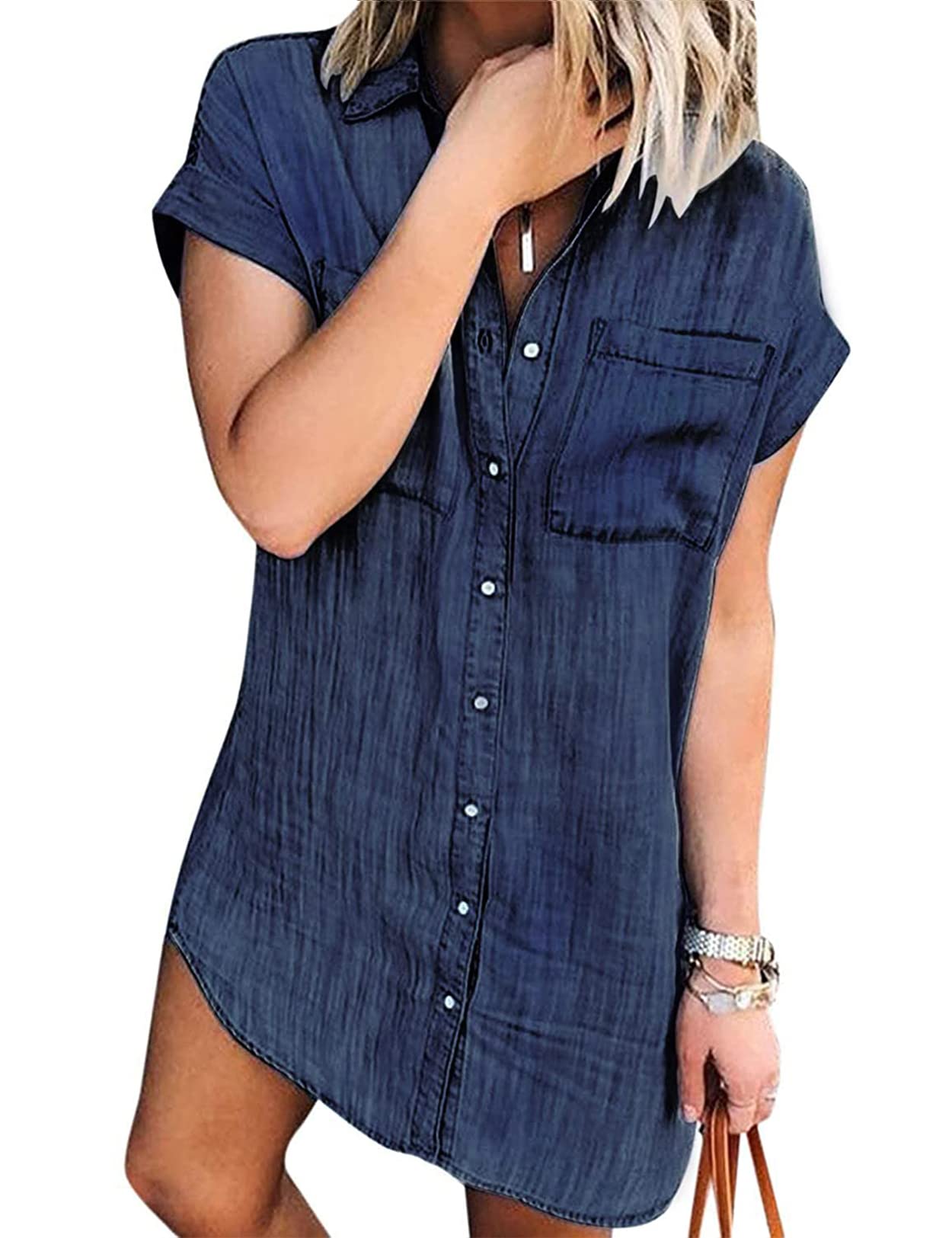 Women Denim Shirt Dresses Short Sleeve Distressed Jean Dress Button Down Casual Tunic Top