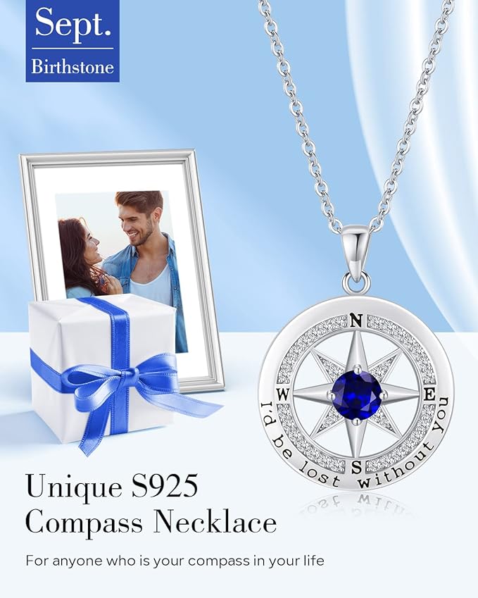 S925 Necklace Gift for Wife, Compass Jewelry Women Wedding Anniversary