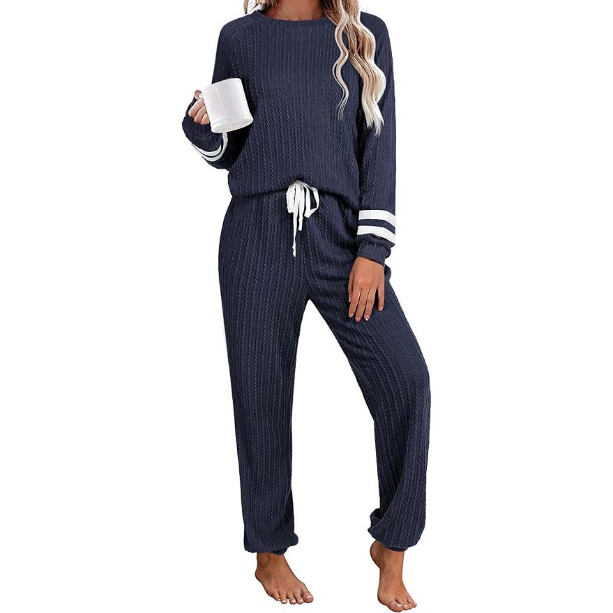 Ekouaer Lounge Sets for Women Ribbed Knit Outfits Pajamas Sets 2 Piece Long Sleeve Sweatsuits with Pockets