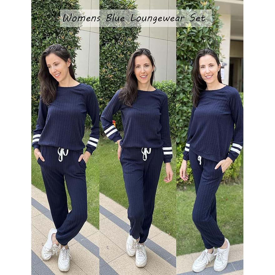 Ekouaer Lounge Sets for Women Ribbed Knit Outfits Pajamas Sets 2 Piece Long Sleeve Sweatsuits with Pockets