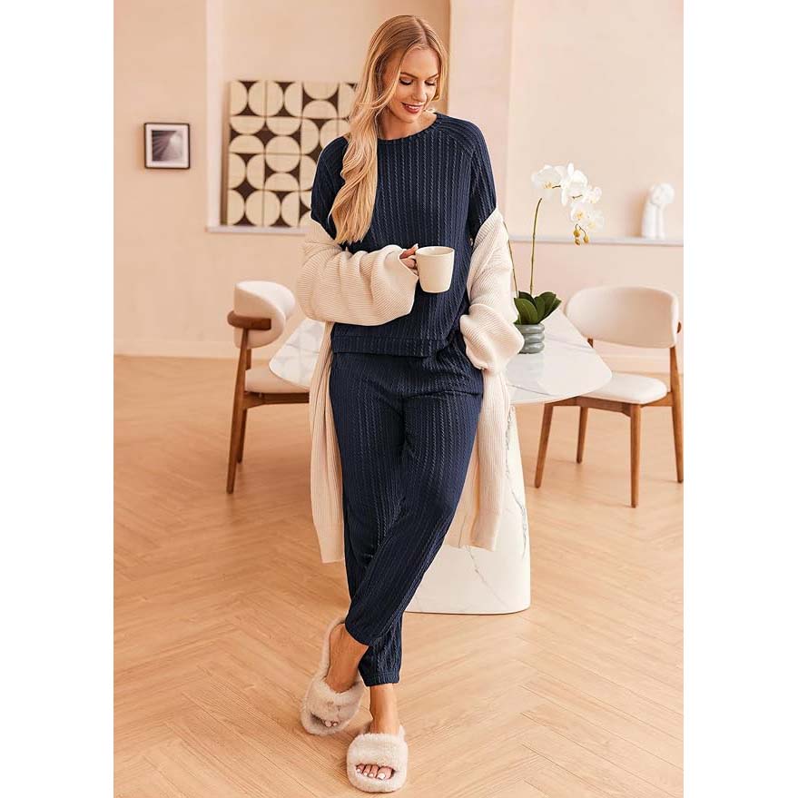 Ekouaer Lounge Sets for Women Ribbed Knit Outfits Pajamas Sets 2 Piece Long Sleeve Sweatsuits with Pockets