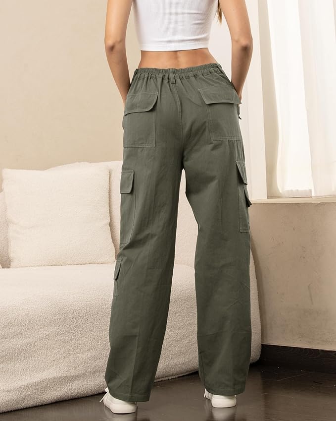 QUNISY Women 8 Pockets Cargo Pants Straight Wide Leg Casual Pants Elastic High Waist Military Trousers