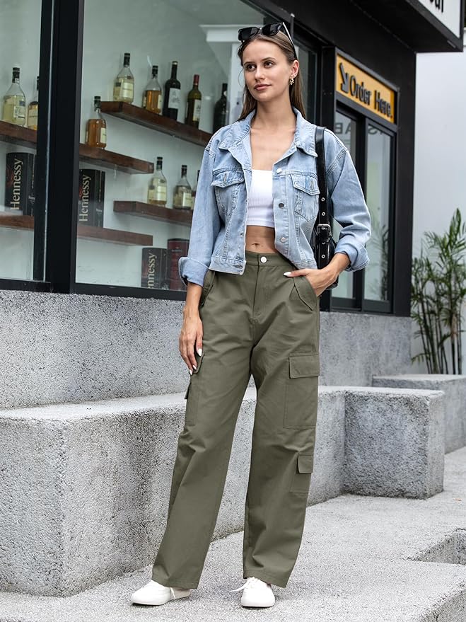 QUNISY Women 8 Pockets Cargo Pants Straight Wide Leg Casual Pants Elastic High Waist Military Trousers