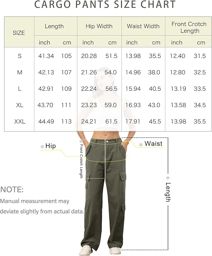 QUNISY Women 8 Pockets Cargo Pants Straight Wide Leg Casual Pants Elastic High Waist Military Trousers
