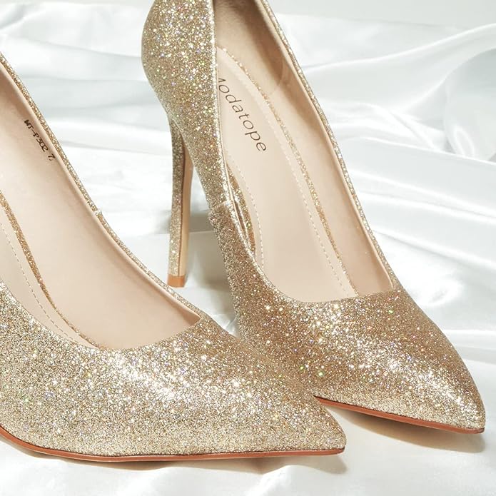 Modatope Women Pumps Heels Sparkly Wedding Shoes Dress Heels Closed Toe Heels Work Pumps Shoes