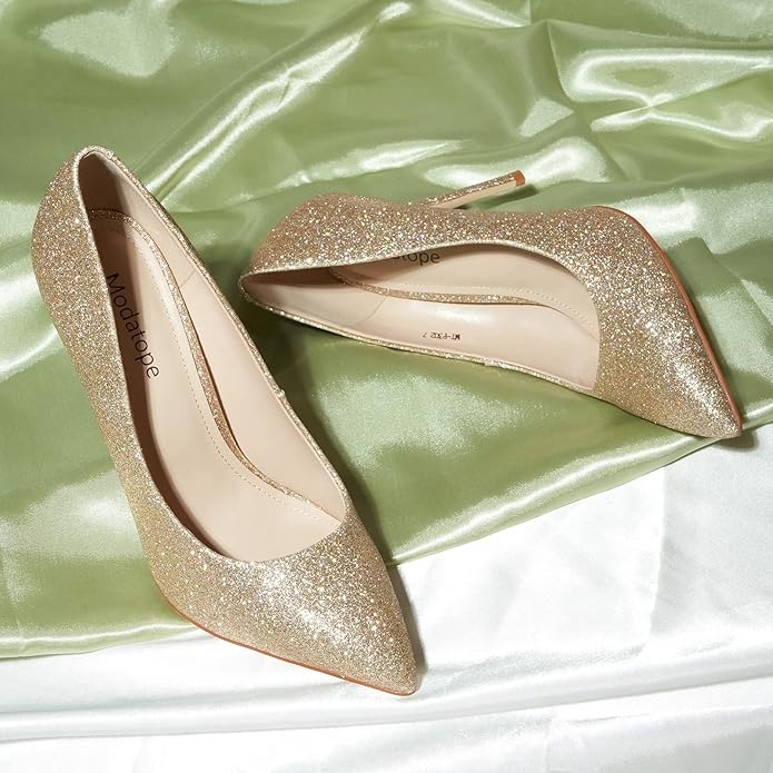 Modatope Women Pumps Heels Sparkly Wedding Shoes Dress Heels Closed Toe Heels Work Pumps Shoes
