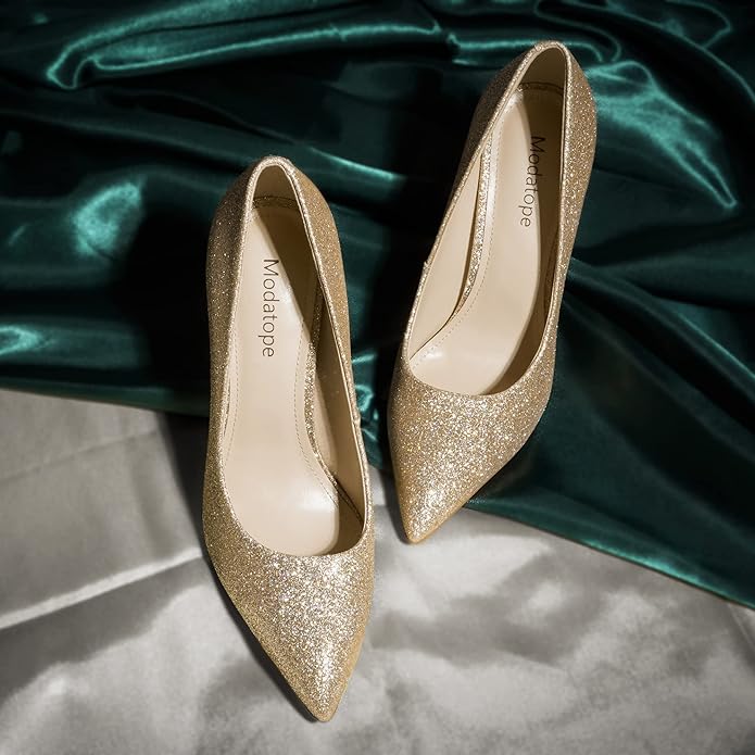 Modatope Women Pumps Heels Sparkly Wedding Shoes Dress Heels Closed Toe Heels Work Pumps Shoes