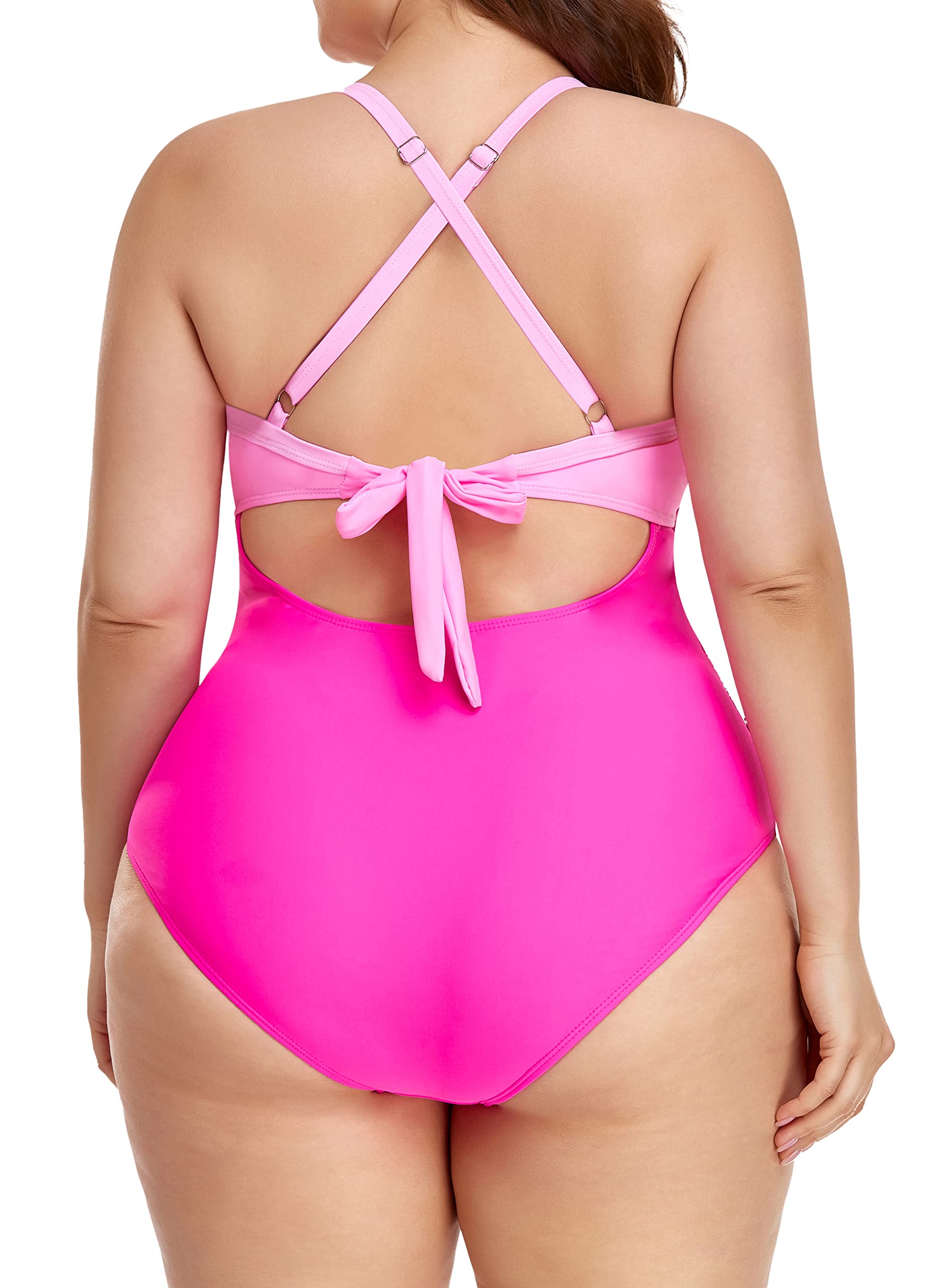 Women One Piece Swimsuits Tummy Control Cutout High Waisted Bathing Suit Wrap Tie Back 1 Piece Swimsuit Pink Color Block