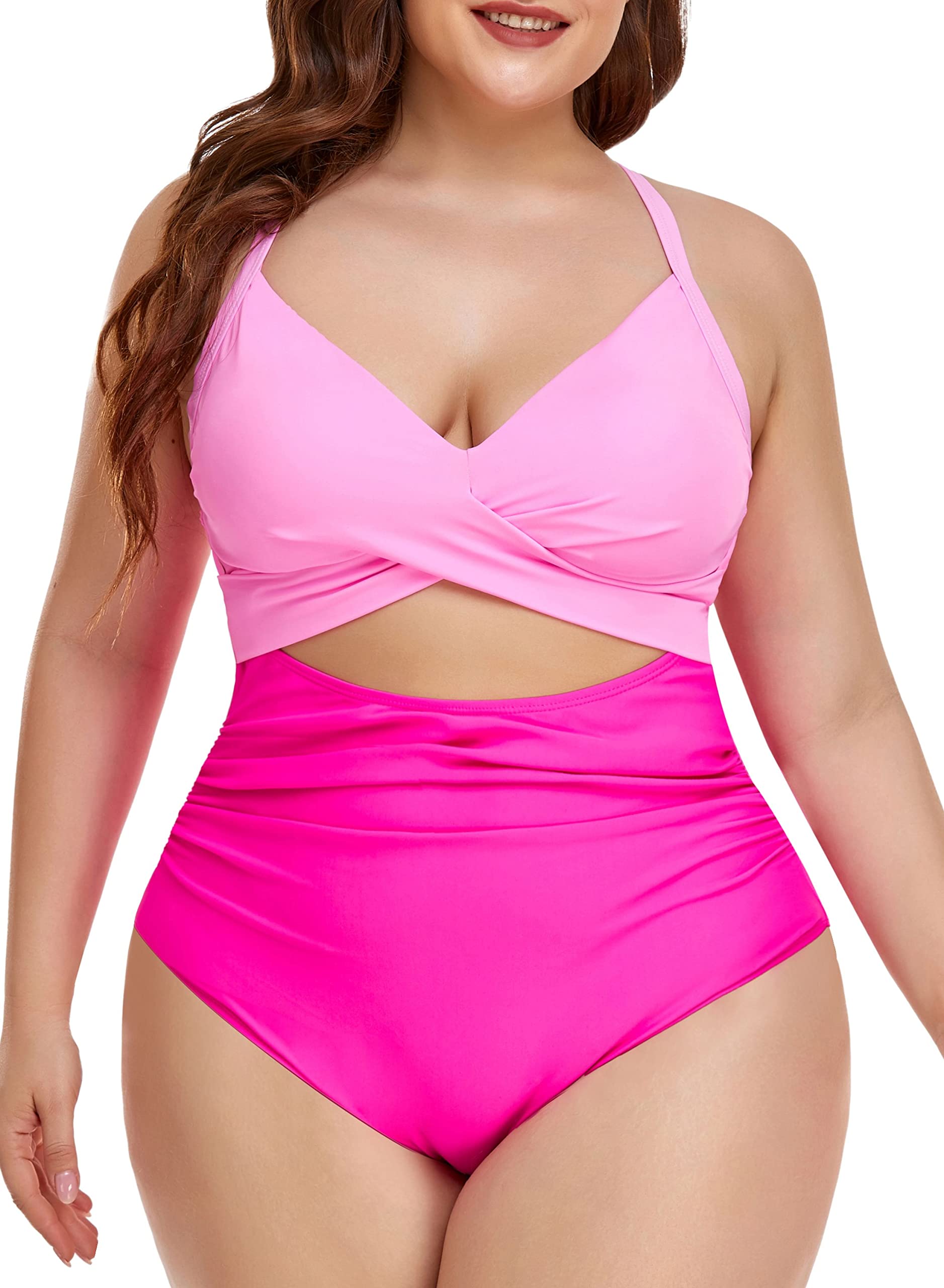 Women One Piece Swimsuits Tummy Control Cutout High Waisted Bathing Suit Wrap Tie Back 1 Piece Swimsuit Pink Color Block