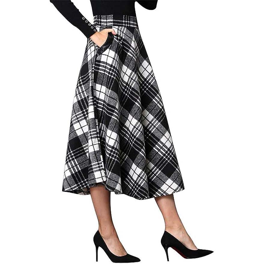 IDEALSANXUN Womens High Elastic Waist Maxi Skirt A-line Plaid Winter Warm Flare Long Skirts